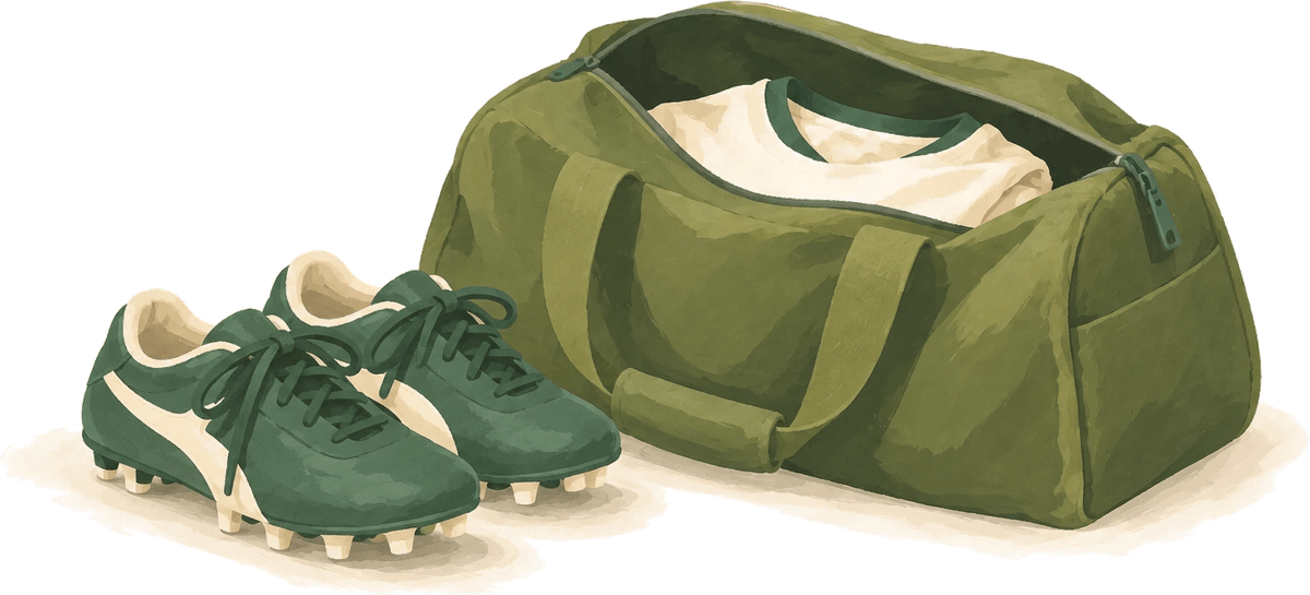Illustration: a pair of green football boots beside an open kit bag with a cream jersey inside