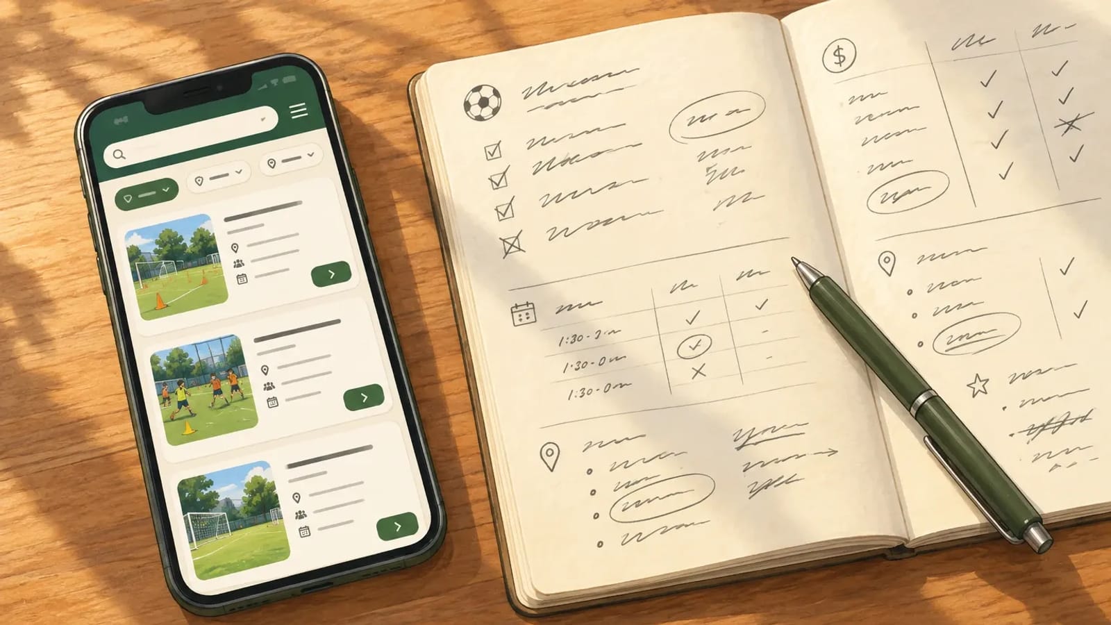 Illustration: a phone showing football sessions beside an open notebook of fees, times and checklists, with a pen