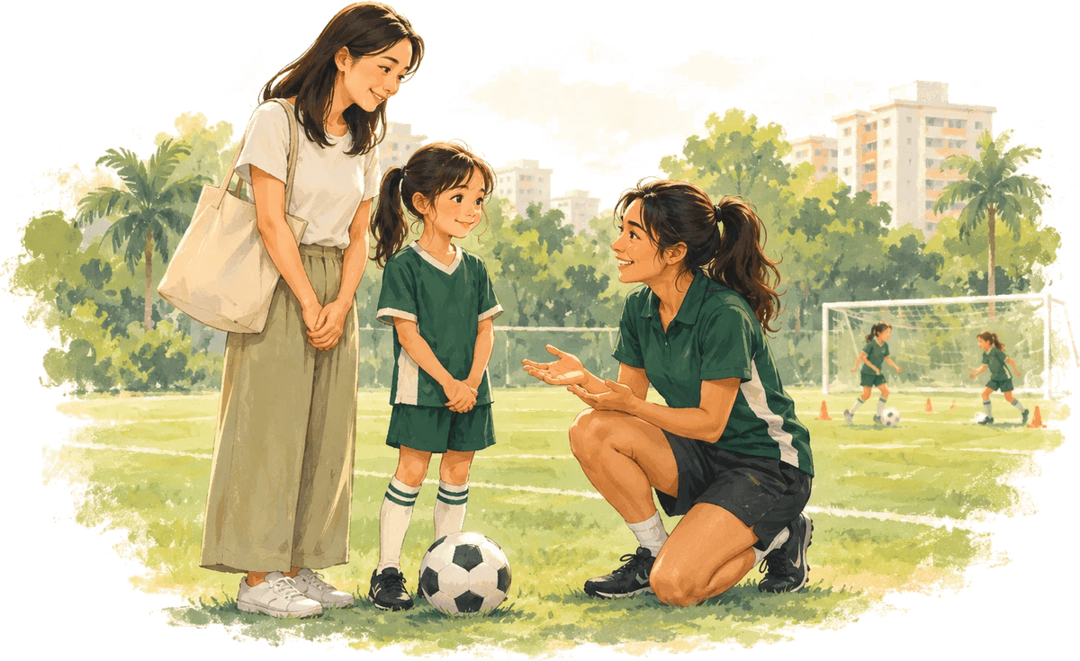 Illustration: a coach kneels to chat with a girl in a green kit while her mother looks on
